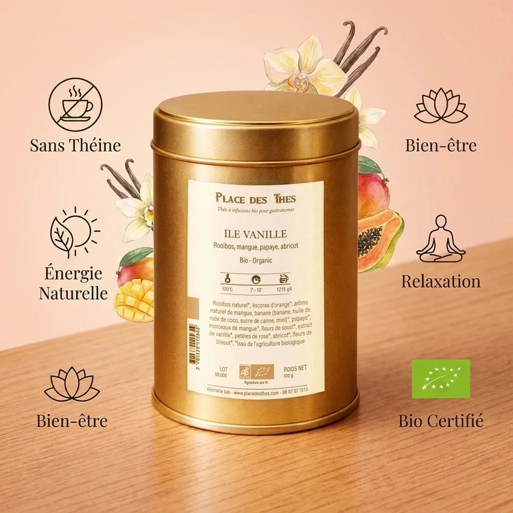 Rooibos Île Vanille Bio 100g - Boîte dorée avec icônes bien-être sur fond bois
