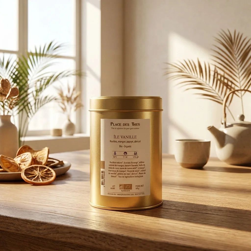 Rooibos Île Vanille Bio Place des Thés en boîte dorée dans un décor minimaliste avec lumière naturelle