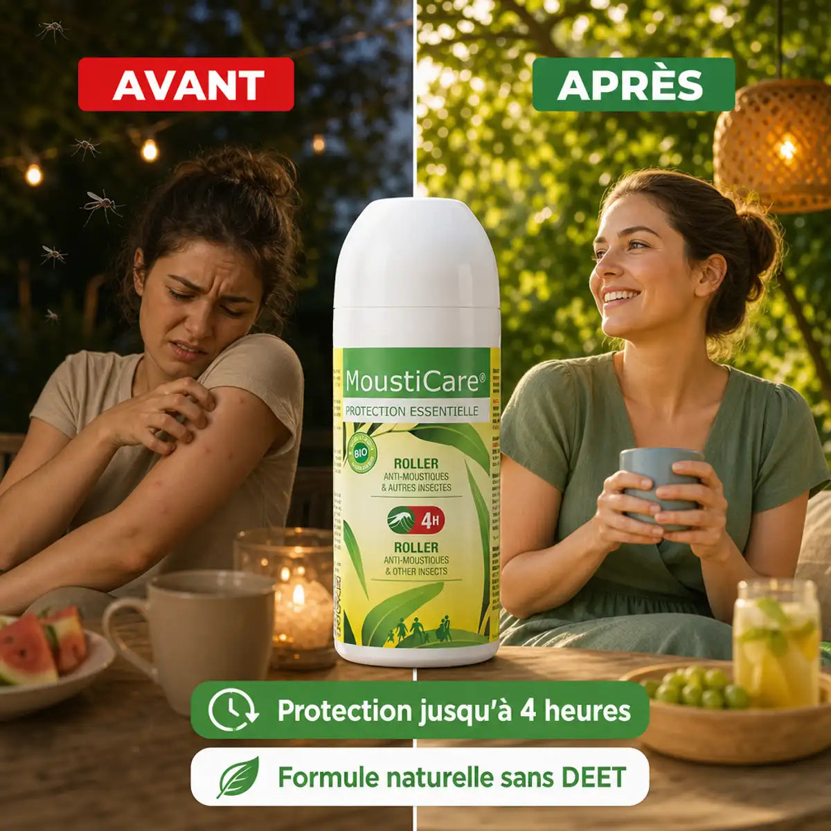 Roll-on MoustiCare 50ml avant après comparaison protection moustiques 4h formule naturelle