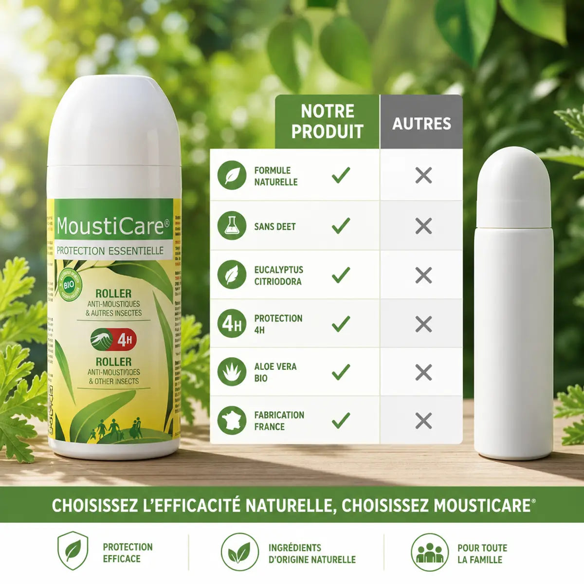 Comparaison Roll-on Anti-Moustique MoustiCare 50ml vs produits concurrents avec formule naturelle sans DEET