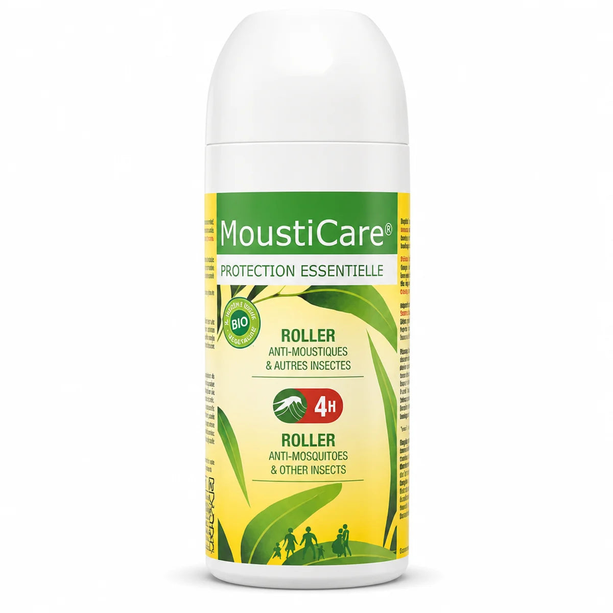 Roll-on anti-moustique MoustiCare 50ml bio avec protection 4h sur fond blanc