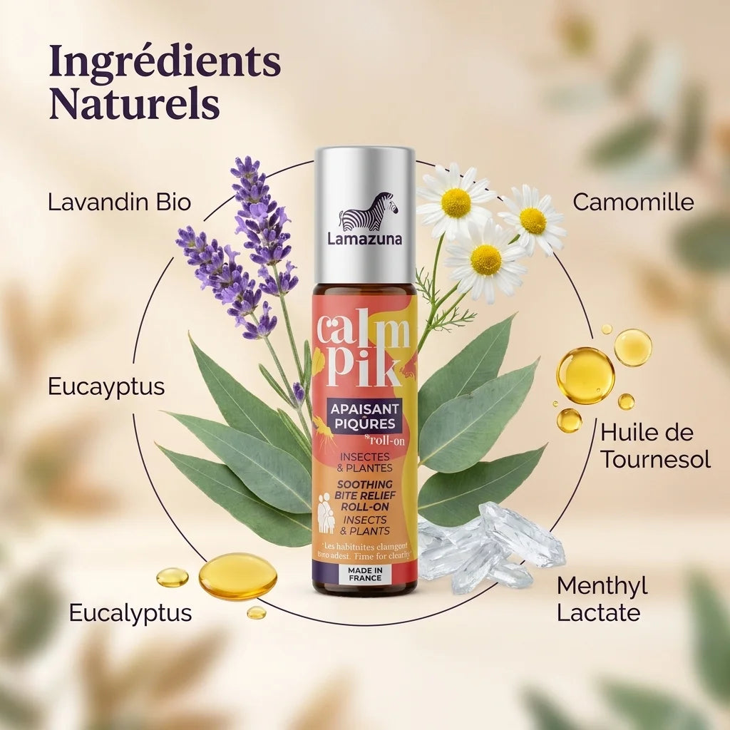 Roll-on Calm Pik Lamazuna avec ingrédients naturels : lavande bio, eucalyptus et camomille