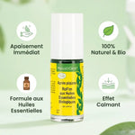 Roll-on MoustiCare 5ml bio avec infographie des bénéfits : apaisement immédiat, naturel, huiles essentielles
