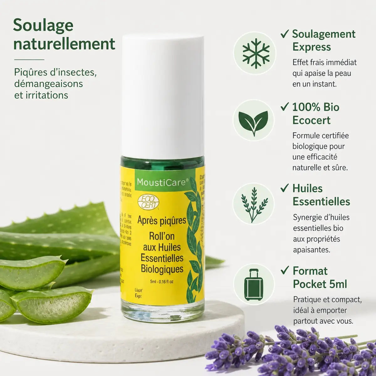 Roll-on MoustiCare 5ml bio avec bénéfices: soulagement express, 100% Ecocert, huiles essentielles, format pocket