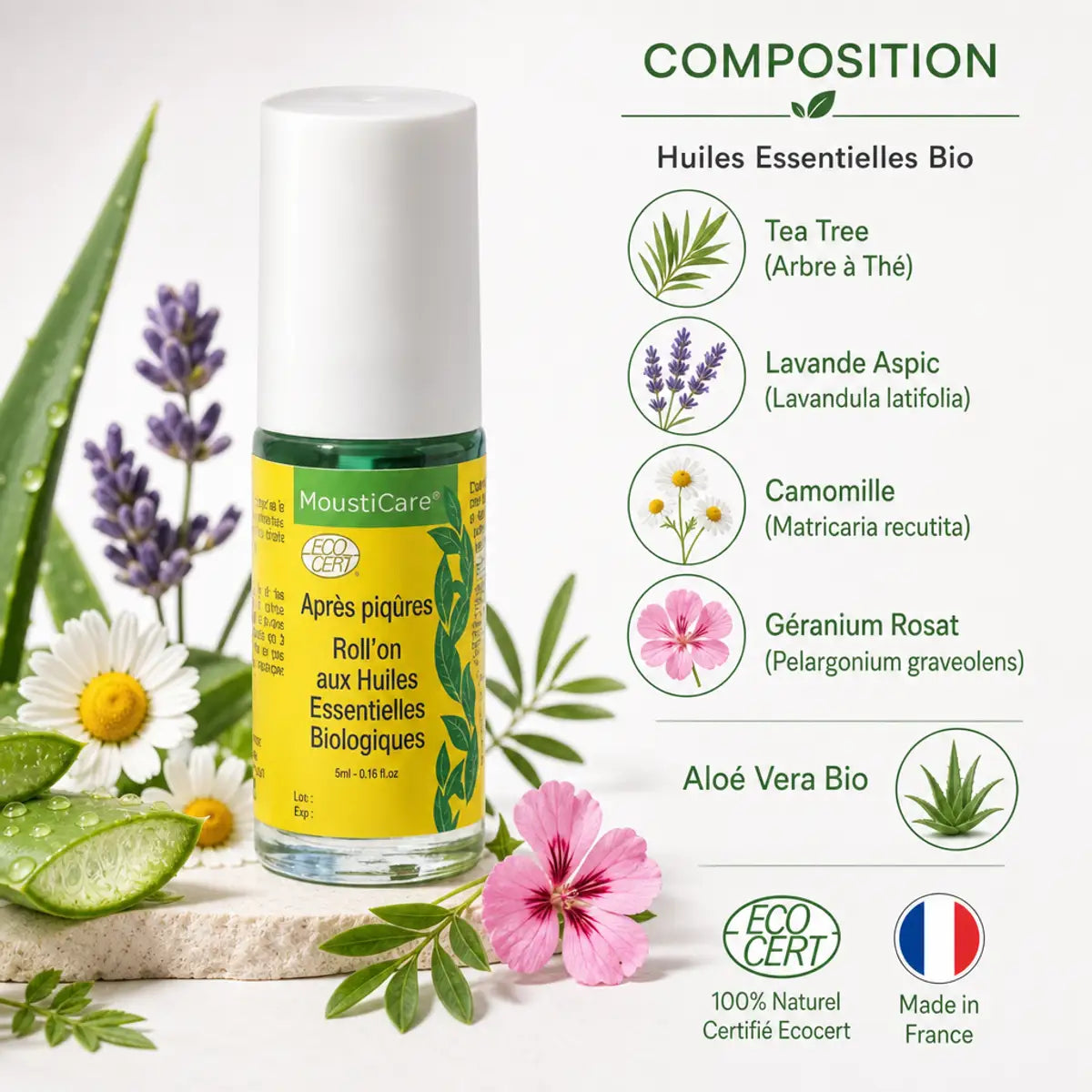 Roll-on MoustiCare Bio 5ml avec huiles essentielles, aloe vera et ingrédients naturels certifiés
