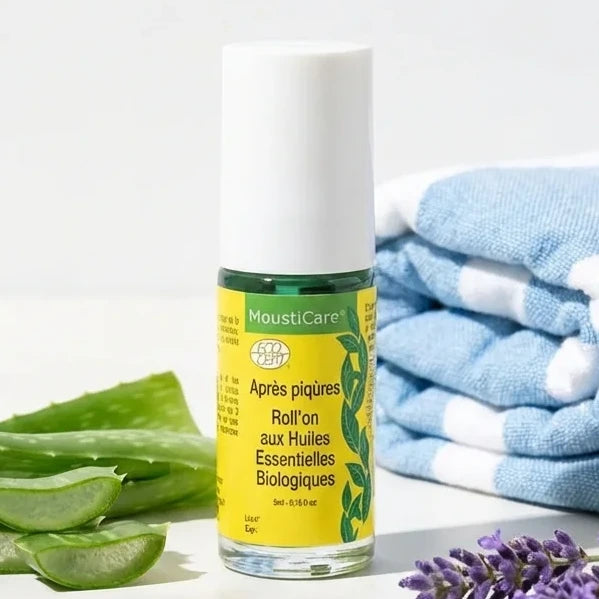 Roll On MoustiCare Bio 5ml avec feuilles d'aloe vera et lavande pour soulager piqûres moustiques