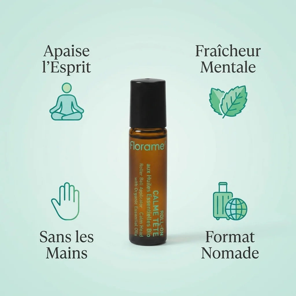Roll-on Calme Tête Bio Florame 5ml avec bénéfices: apaise l'esprit, fraîcheur mentale, format nomade