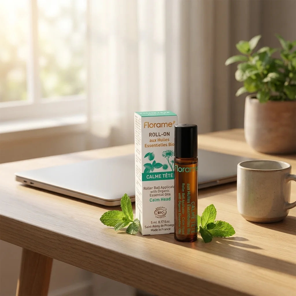 Roll-on Calme Tête Bio Florame 5ml sur bureau avec feuilles de menthe fraîche
