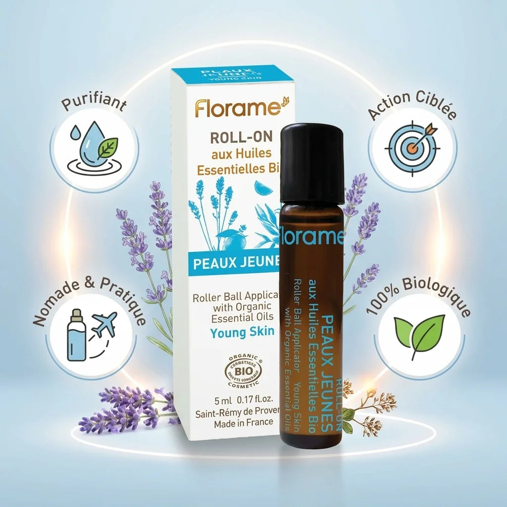 Roll-on Peaux Jeunes Bio Florame 5ml avec icônes bénéfices purifiant, action ciblée, nomade et biologique