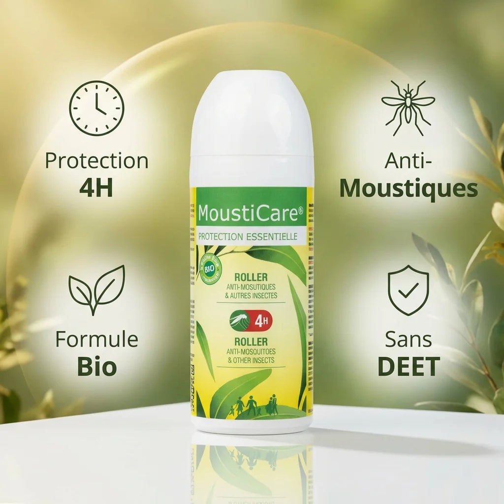 Roller MoustiCare 50ml anti-moustique bio sans DEET avec infographie bénéfices protection 4h