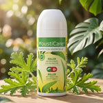 Roller Anti-Moustique MoustiCare 50ml avec certification bio et protection 4H sur fond tropical