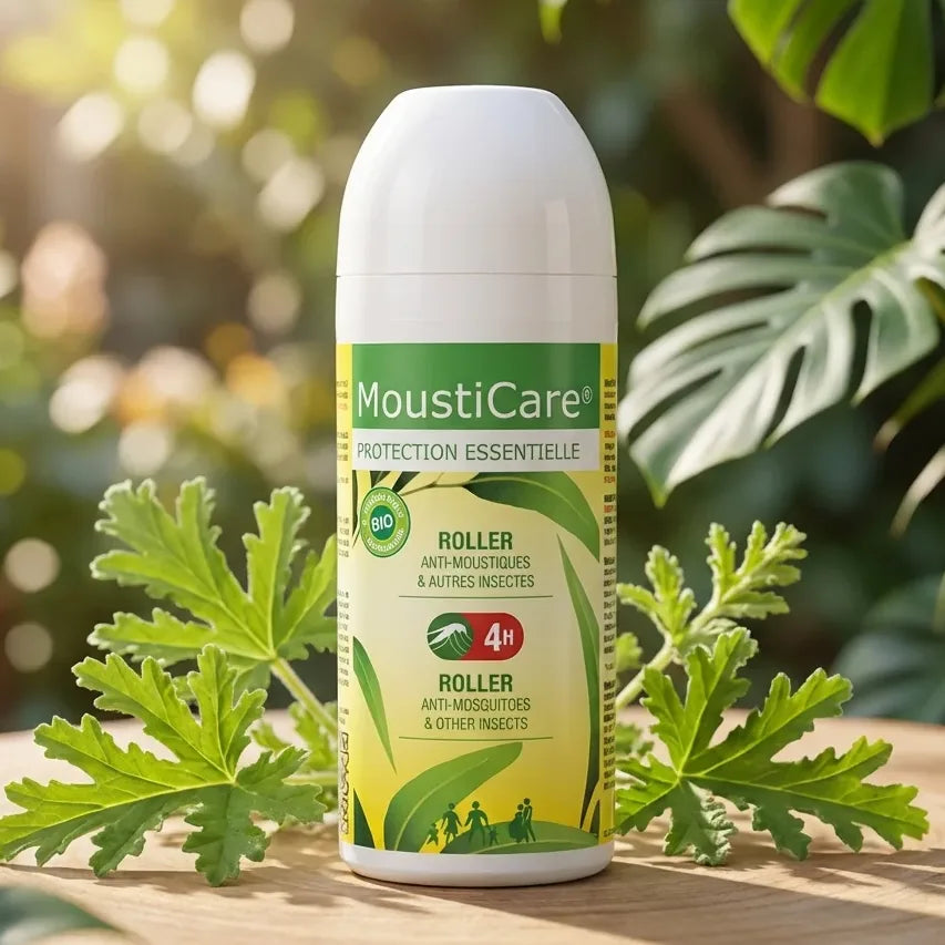 Roller Anti-Moustique MoustiCare 50ml avec certification bio et protection 4H sur fond tropical