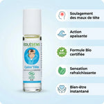 Roll'on Bio Calm'Tête 9ml Eolesens avec infographie des 5 bénéfices pour maux de tête