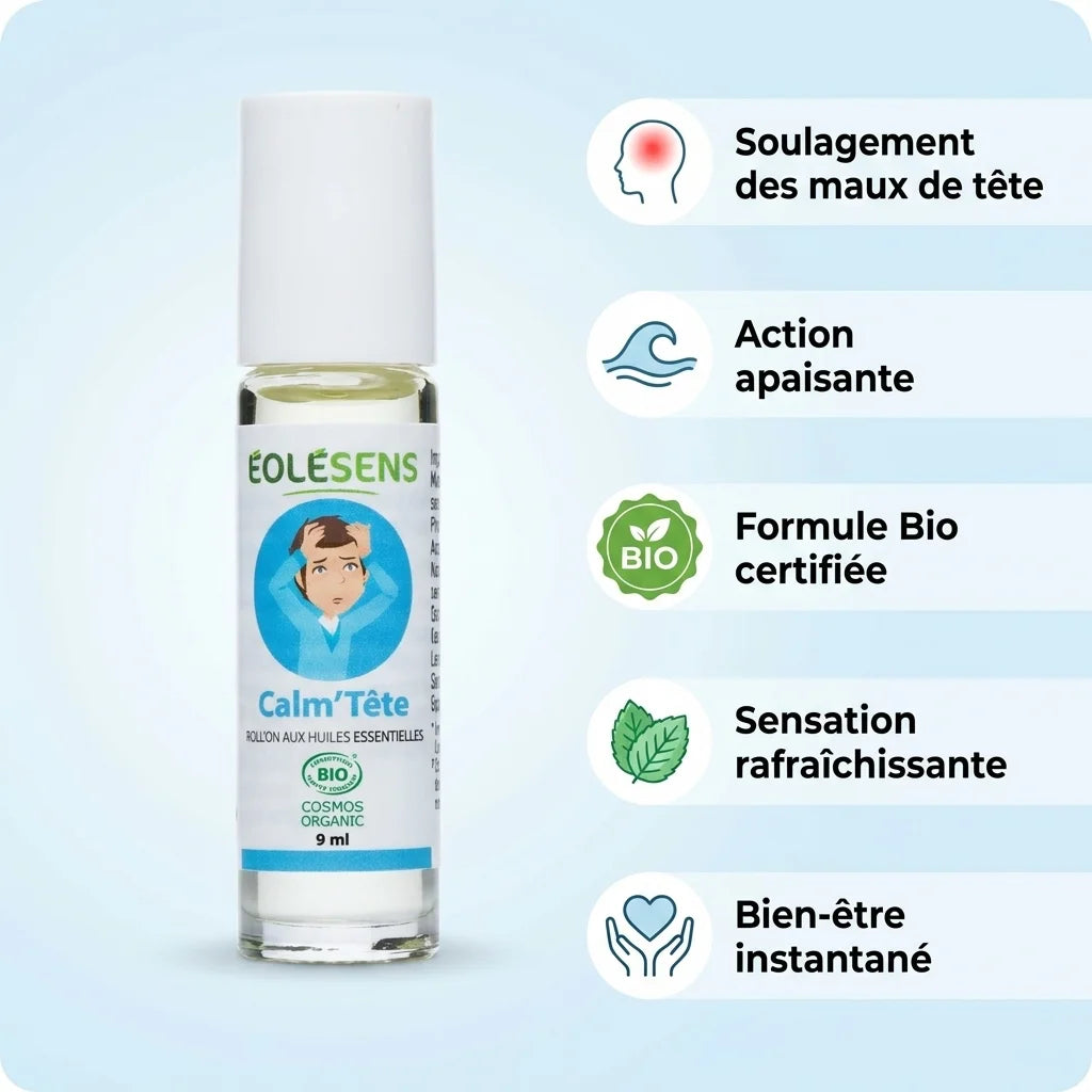 Roll'on Bio Calm'Tête 9ml Eolesens avec infographie des 5 bénéfices pour maux de tête