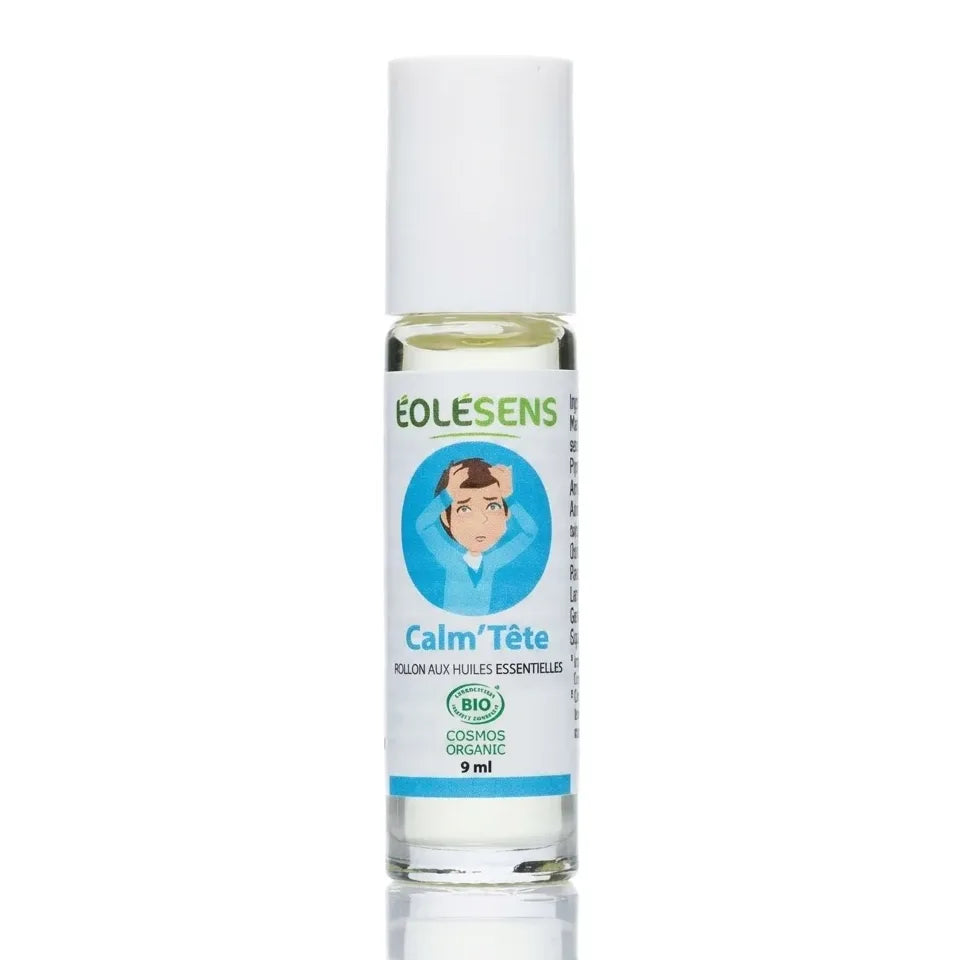 Roll'on Calm'Tête aux huiles essentielles bio Eolesens 9ml sur fond blanc