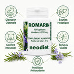 Romarin Neodiet 220mg - Flacon de gélules avec icônes digestion, foie, tonus et antioxydants