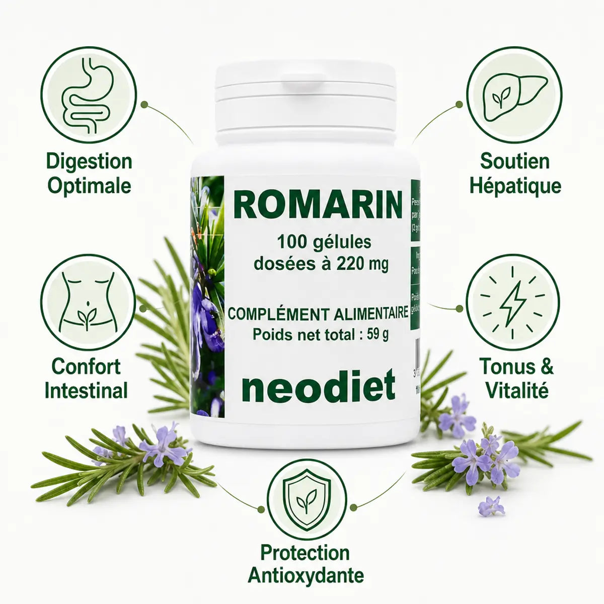 Romarin Neodiet 220mg - Flacon de gélules avec icônes digestion, foie, tonus et antioxydants