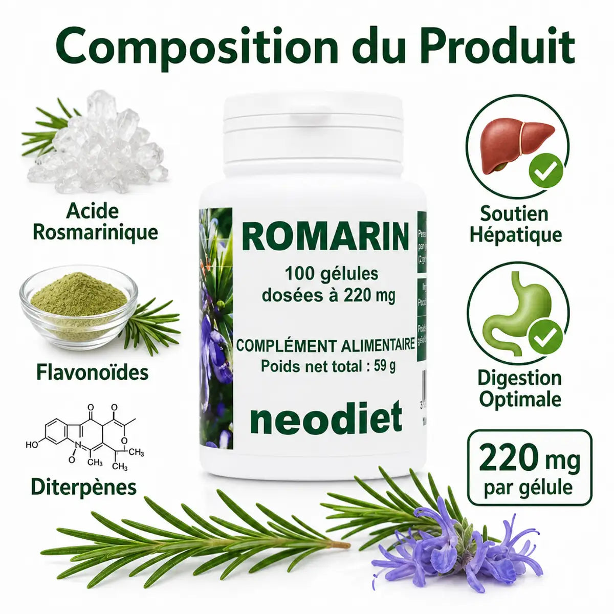 Romarin Neodiet 100 gélules 220mg - Bouteille avec composition acide rosmarinique et flavonoïdes