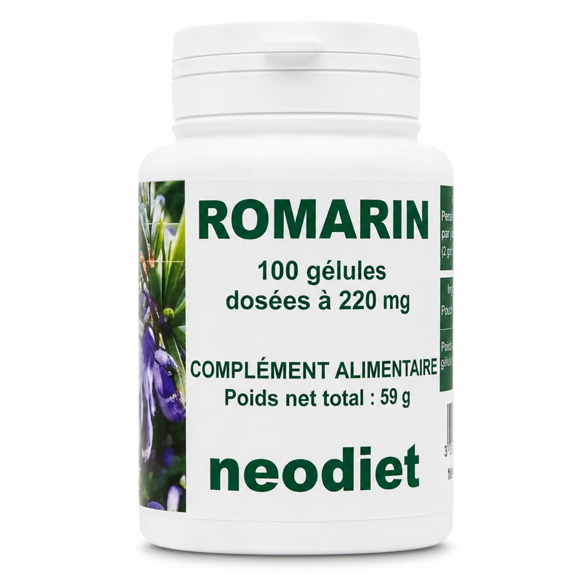 Romarin Neodiet 100 gélules 220mg - Complément alimentaire en flacon blanc avec étiquette verte
