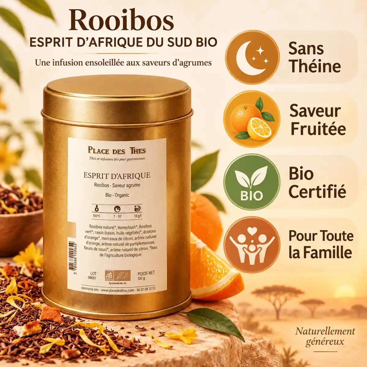 Rooibos bio Esprit d'Afrique du Sud 100g avec infographie avantages sans théine saveur fruitée