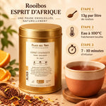 Rooibos bio Esprit d'Afrique du Sud - emballage doré avec infographie de préparation du thé et tasse