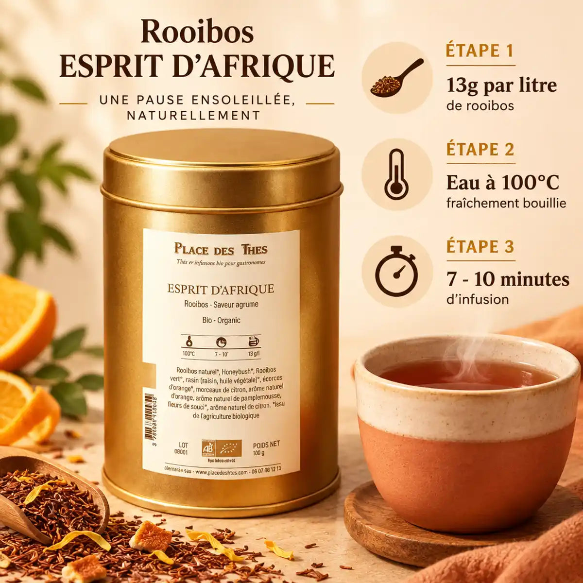 Rooibos bio Esprit d'Afrique du Sud - emballage doré avec infographie de préparation du thé et tasse