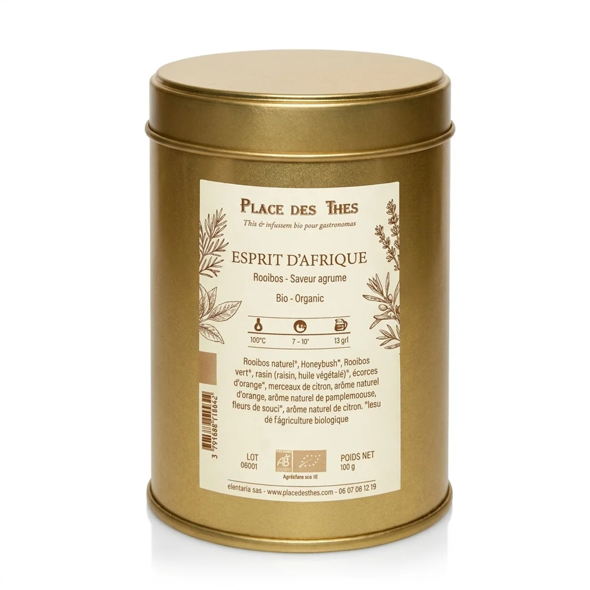 Boîte de Rooibos bio Esprit d'Afrique du Sud Place des Thés 100g sur fond blanc