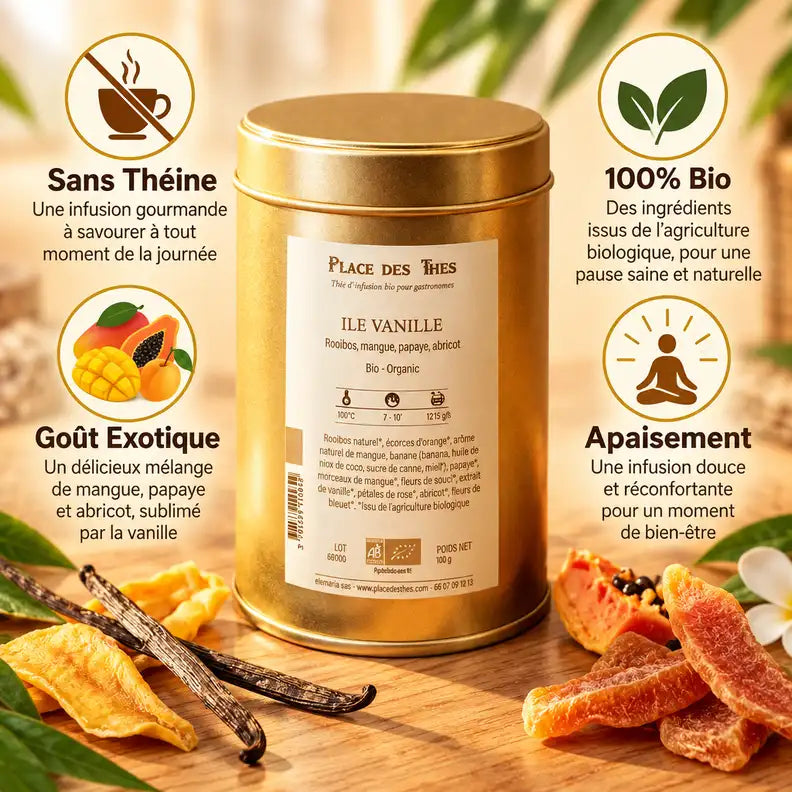 Rooibos Île Vanille Bio 100g avec infographie bienfaits : sans théine, bio, goût exotique, apaisement