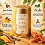 Rooibos Île Vanille Bio 100g avec infographie bienfaits : sans théine, bio, goût exotique, apaisement
