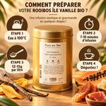 Rooibos Île Vanille Bio 100g avec guide préparation et fruits tropicaux sur fond bois
