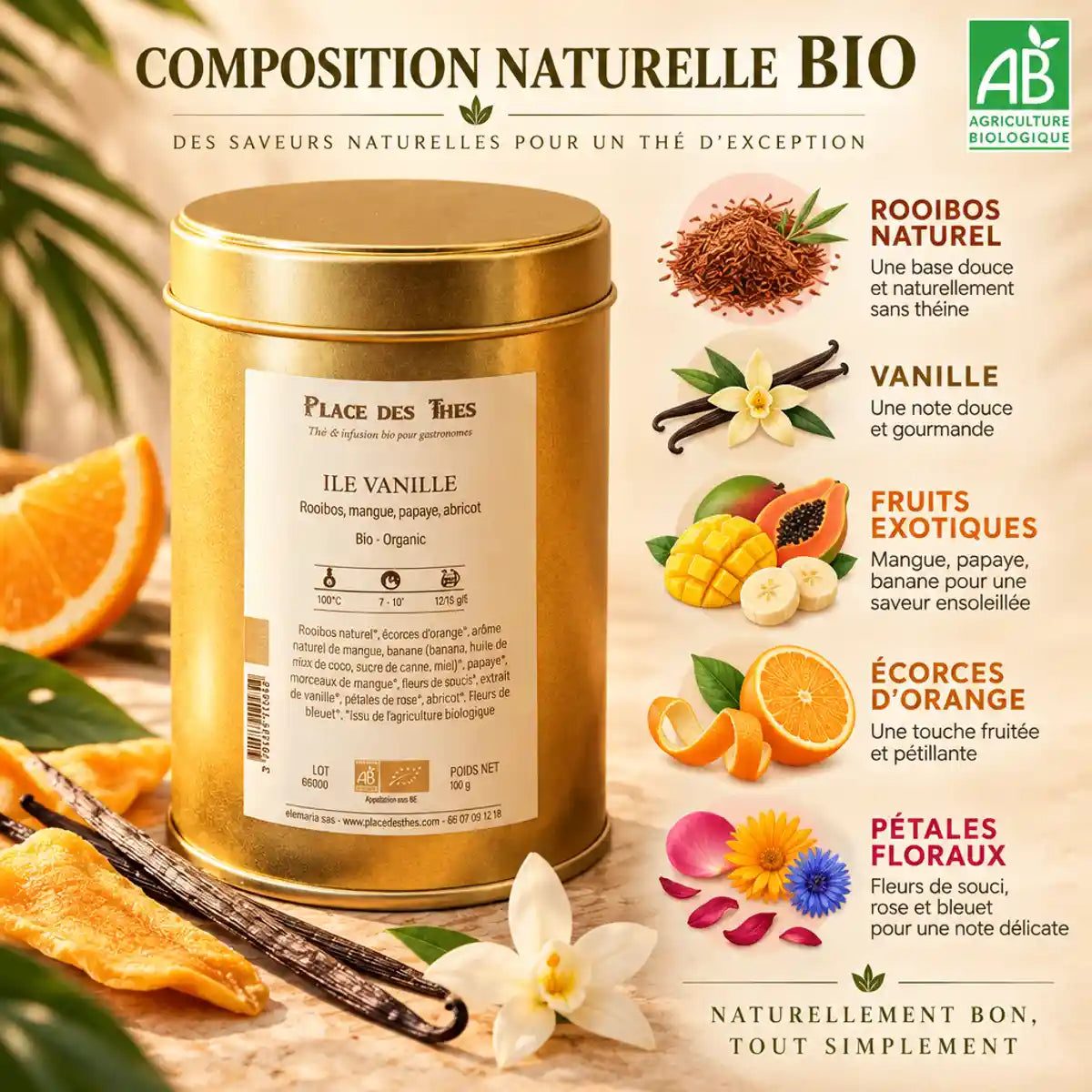 Rooibos Île Vanille Bio 100g - boîte métal avec composition naturelle et ingrédients botaniques