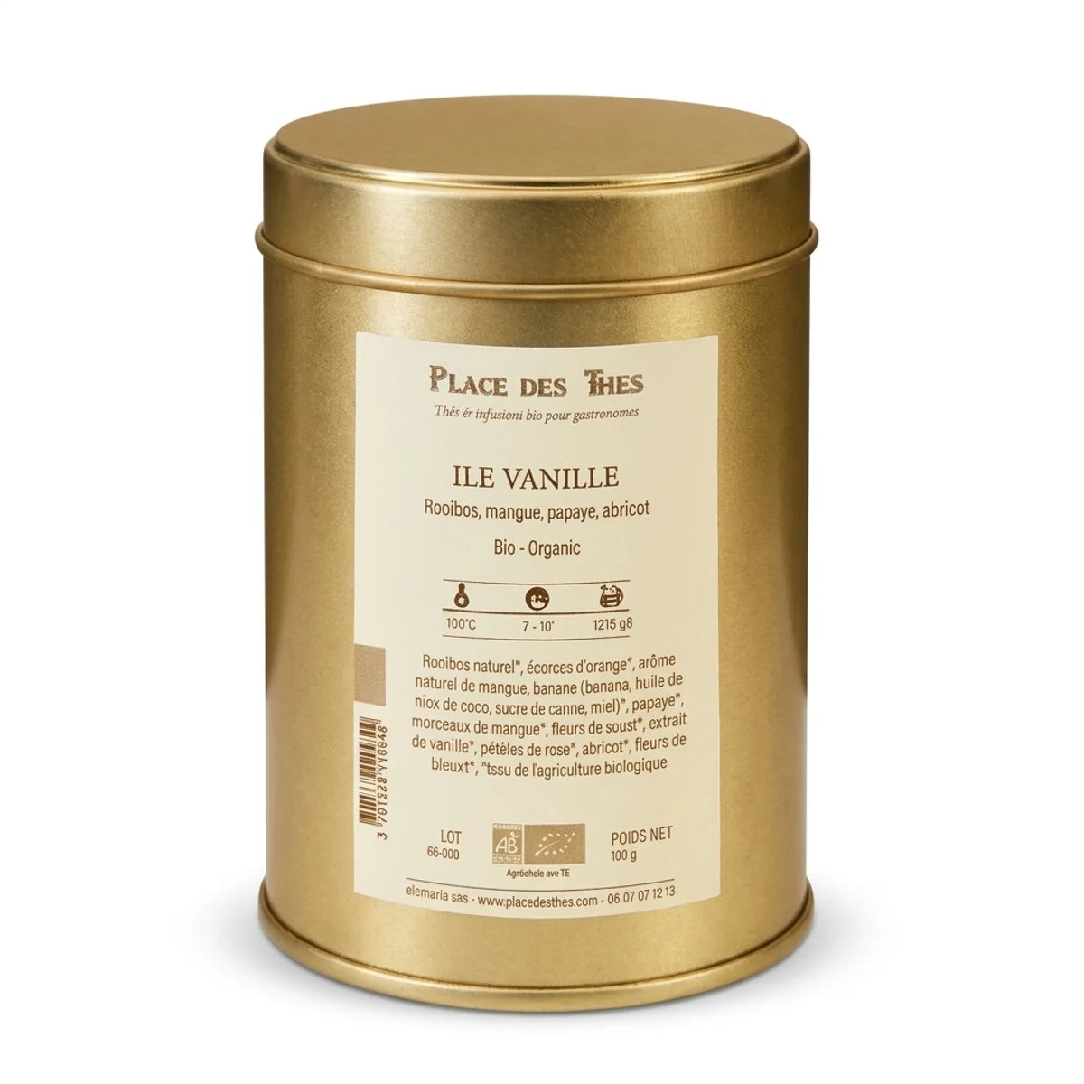 Rooibos Île Vanille Bio 100g Place des Thés - boîte métal dorée avec étiquette crème sur fond blanc