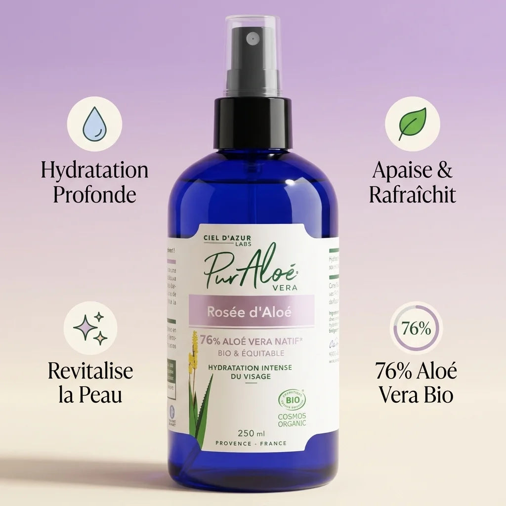 Bouteille Rosée d'Aloé 250ml Pur'Aloé bio avec bénéfices hydratation et apaisement de la peau