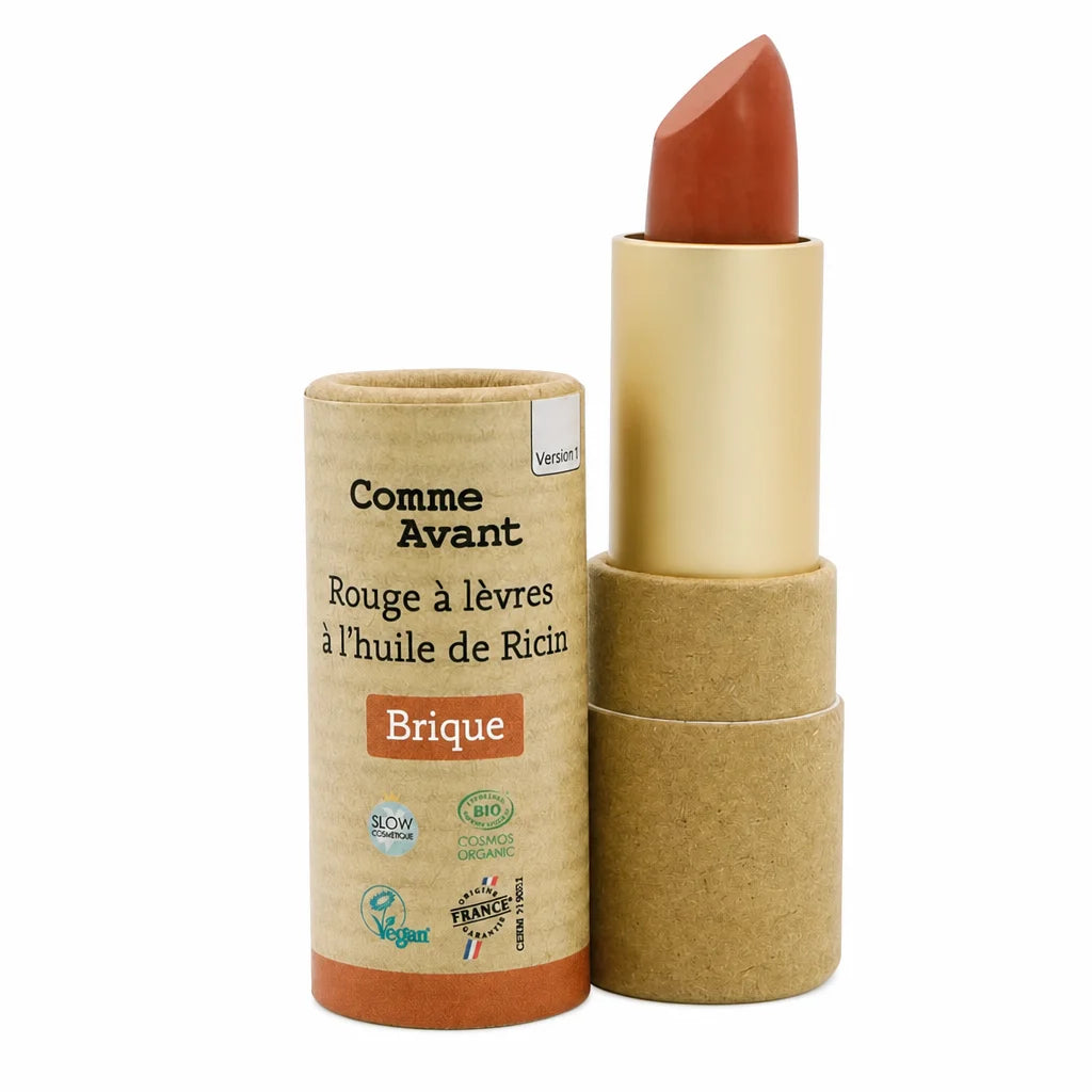 Rouge à lèvres Brique Comme Avant à l'huile de ricin, tube carton beige et bouchon doré