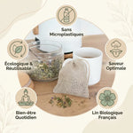 Sachet à thé lin bio Angie Be Green avec infographie 5 bénéfices écologiques