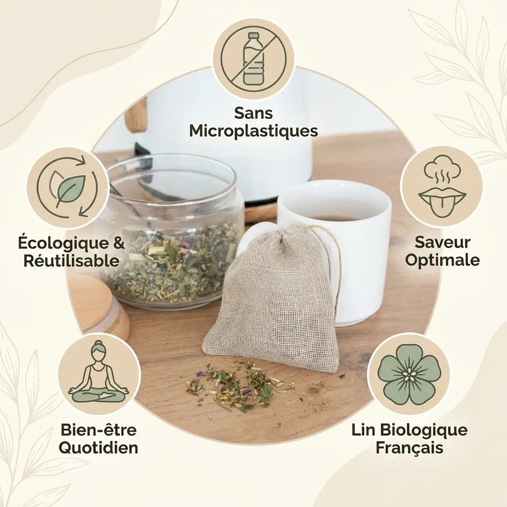 Sachet à thé lin bio Angie Be Green avec infographie 5 bénéfices écologiques