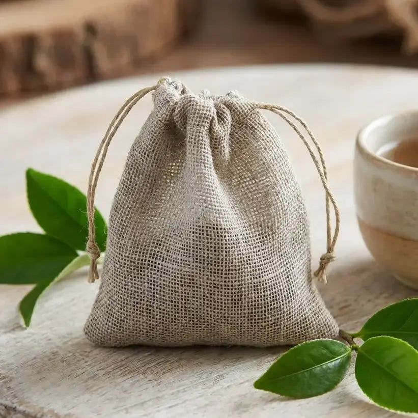 Sachet à thé voile de lin bio Angie Be Green avec cordon coton sur surface bois