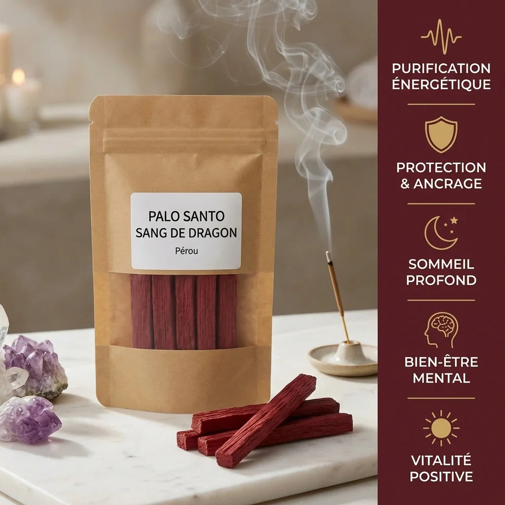 Sachet Palo Santo Sang de Dragon avec 5 bâtons et bénéfices wellness illustrés