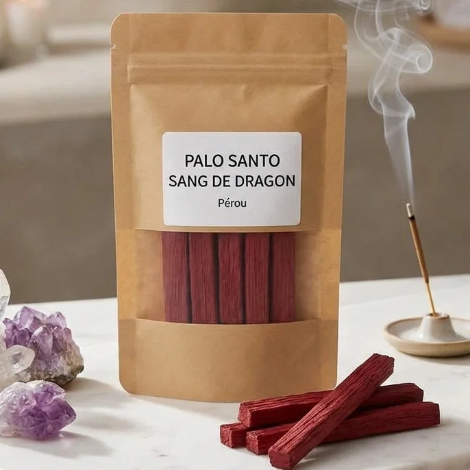 Sachet Palo Santo Sang de Dragon 5 bâtons avec cristaux et bougies sur surface marbre