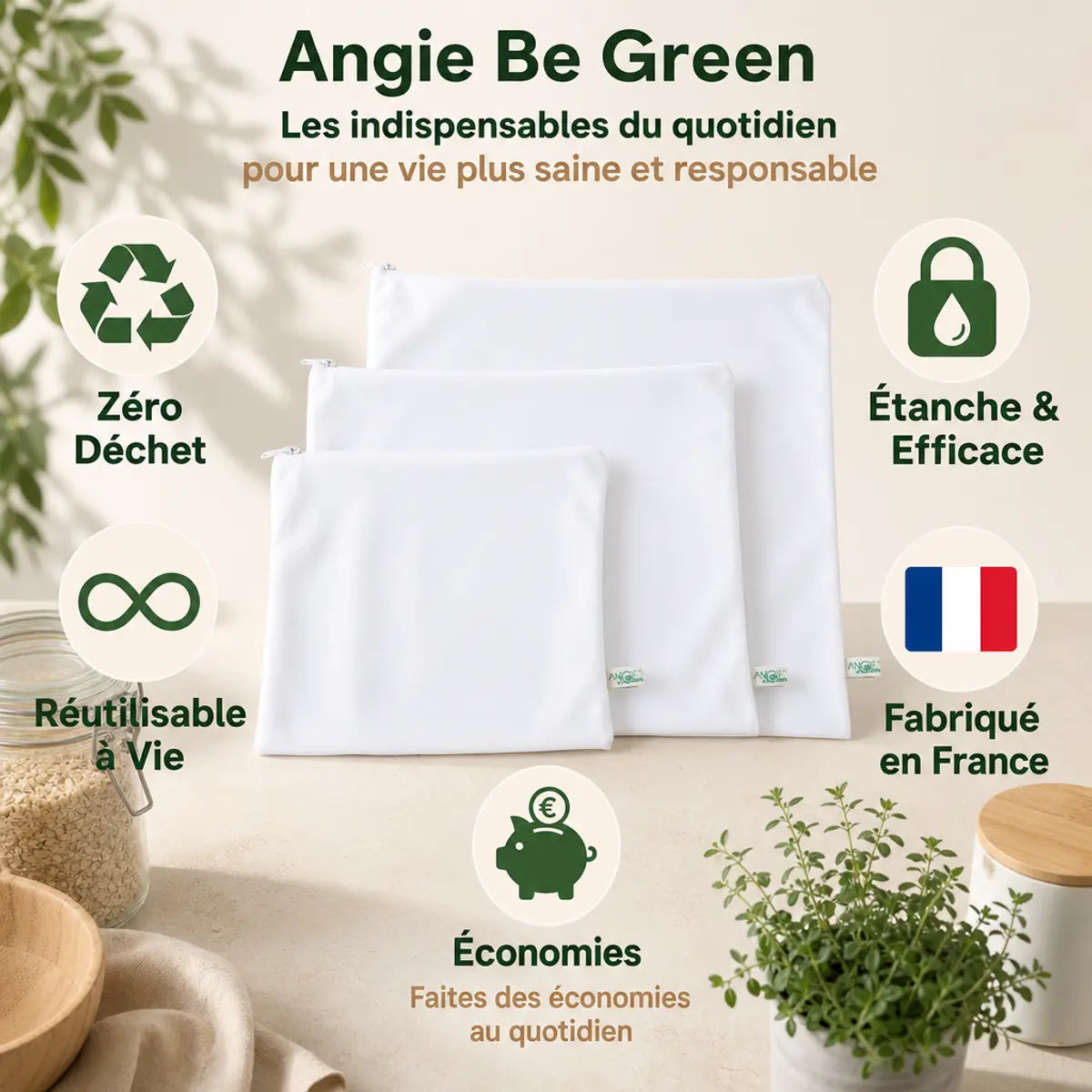 Sacs congélation réutilisables Angie Be Green trio S/M/L avec infographie avantages zéro déchet