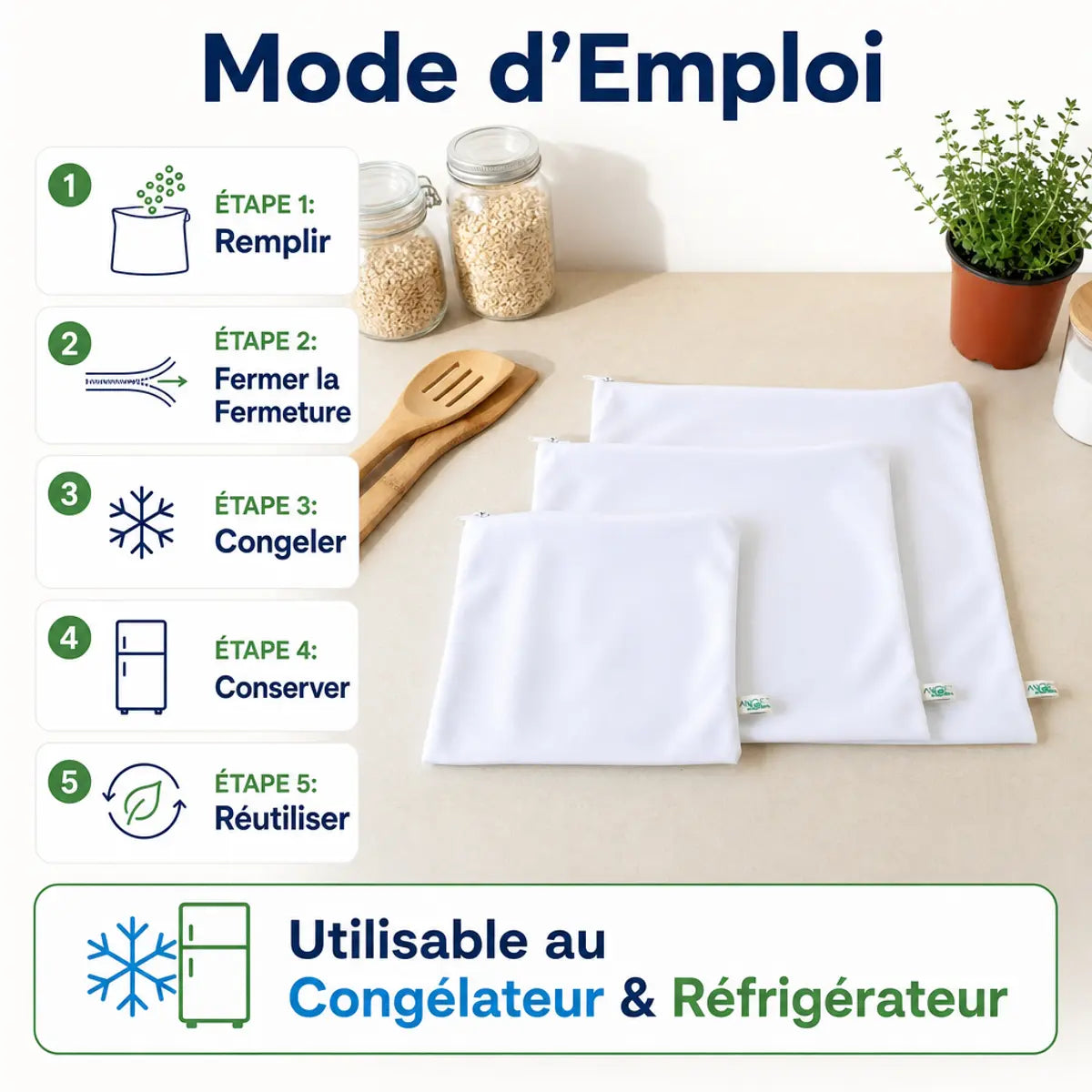 Sacs congélation réutilisables Angie Be Green S/M/L avec guide d'utilisation étapes 1 à 5