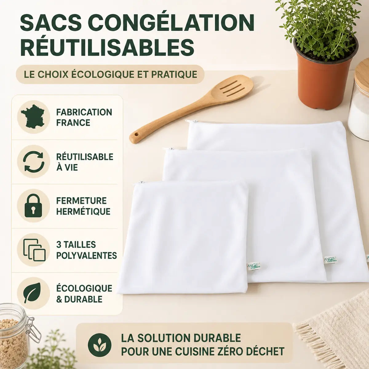 Sacs congélation réutilisables Angie Be Green trio S/M/L avec caractéristiques écologiques