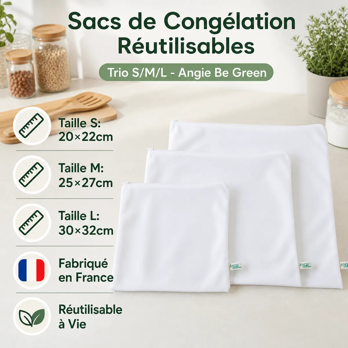 Trio sacs congélation réutilisables S/M/L Angie Be Green, fabrication française, sur plan de travail cuisine blanc