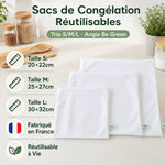 Trio sacs congélation réutilisables S/M/L Angie Be Green, fabrication française, sur plan de travail cuisine blanc