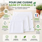 Sacs congélation réutilisables trio S/M/L Angie Be Green avec infographie avantages durabilité