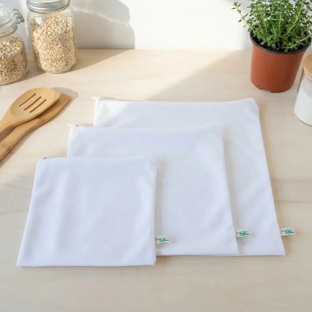 Sacs de congélation réutilisables Angie Be Green trio S/M/L écologiques sur bois