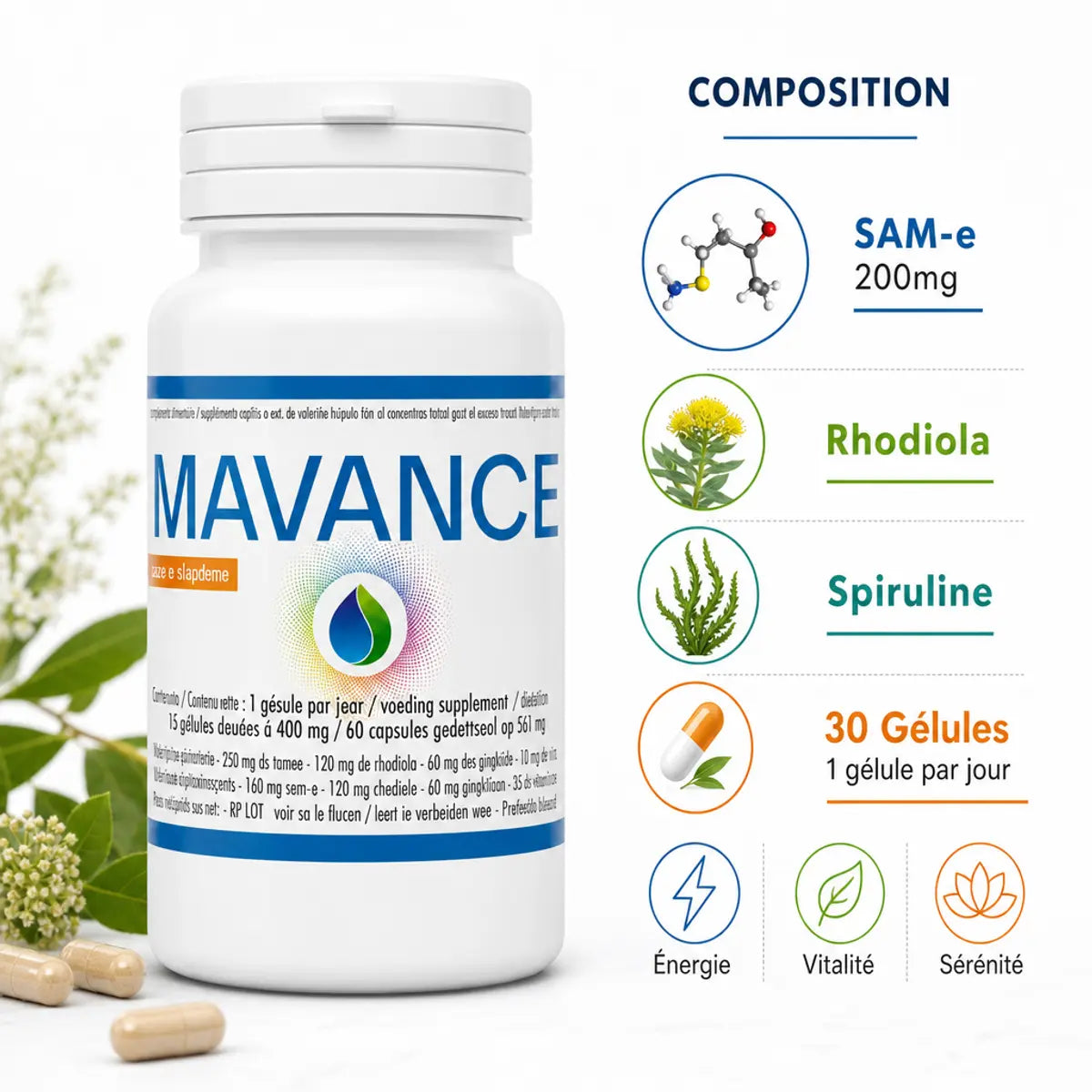 Samavance 30 gélules - Complément SAM-e Rhodiola Spiruline contre fatigue et stress