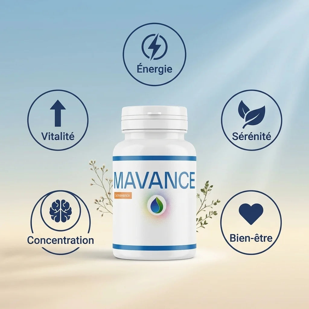Samavance complément stress et fatigue avec icônes énergie, vitalité, concentration, sérénité et bien-être