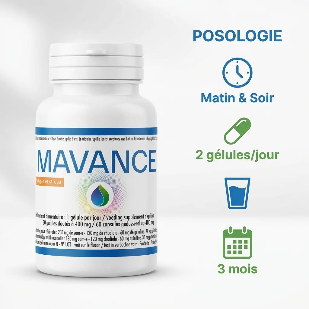 Samavance Fatigue et Stress - Flacon posologie 2 gélules matin et soir, cure 3 mois
