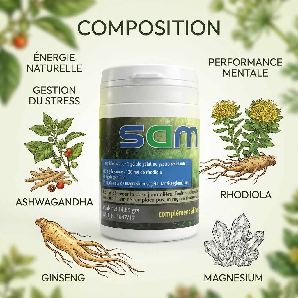 Samavance complément fatigue stress avec ashwagandha ginseng rhodiola magnésium ingrédients naturels